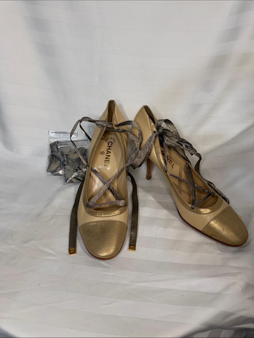 CHANEL Vintage Gold Beige Leather Metallic Lace-Up Pumps Heels